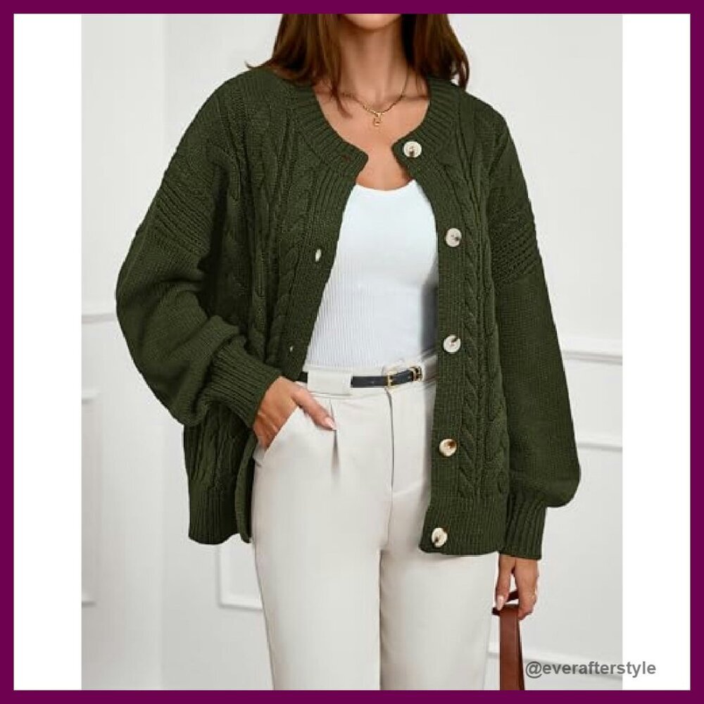 Chunky Cable Knit Cardigan Oversized Loose Fit Button Front Winter Cozy - Picture 5 of 8